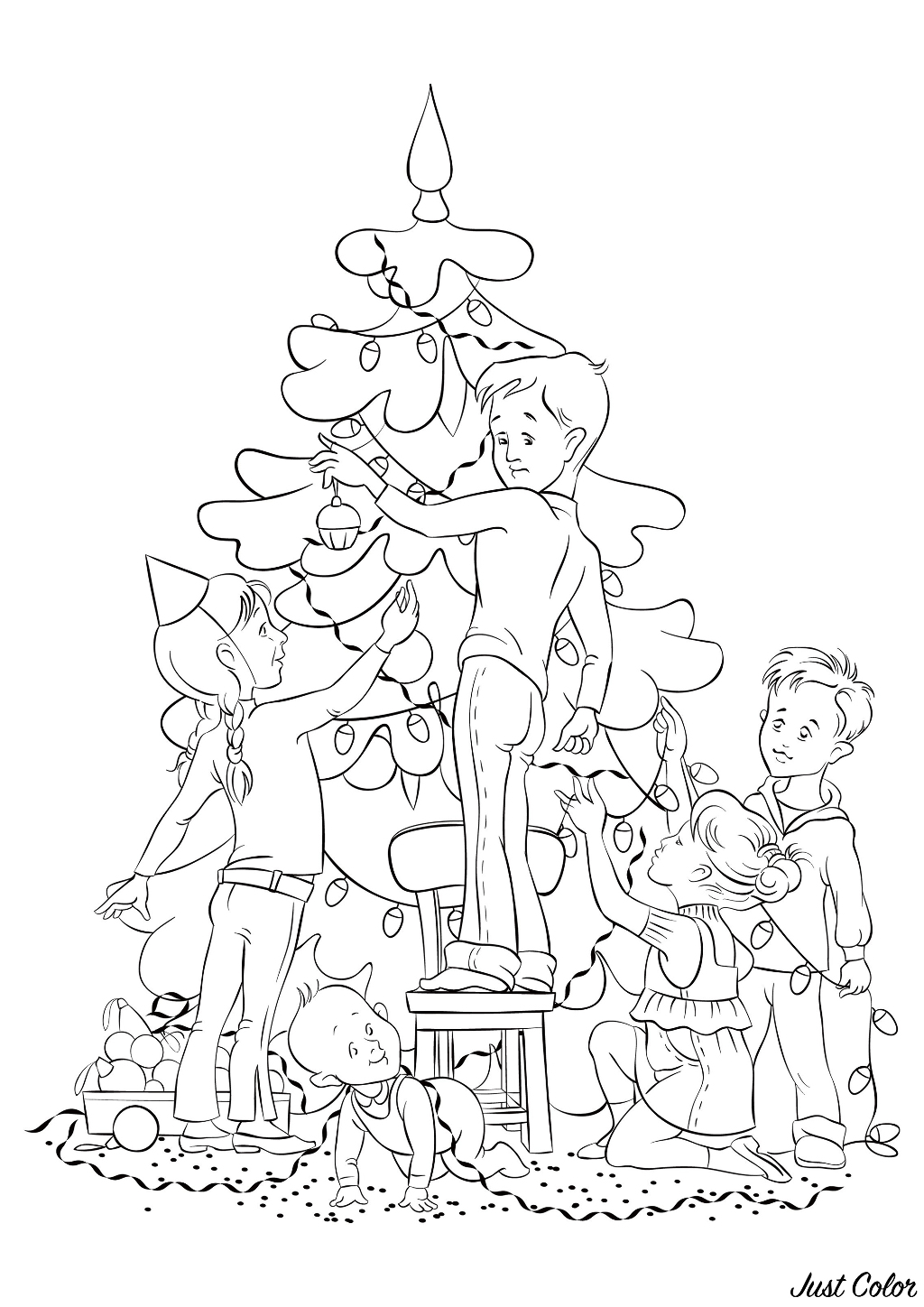 Coloring page representing children of all ages decorating a Christmas tree