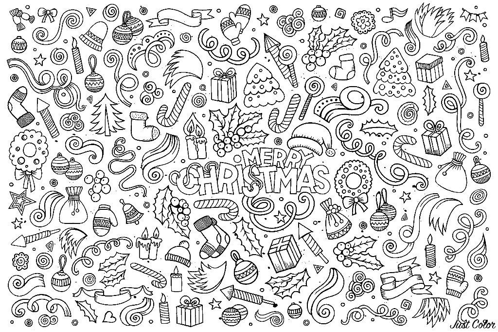 Various objects linked to celebrate the magic of Christmas, in an incredible coloring page !