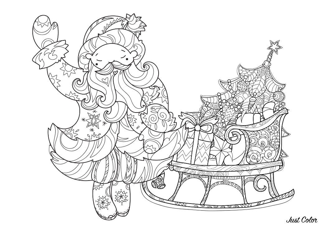 Santa Claus and his sleigh with a Christmas tree and gifts. Many diverse patterns to color.