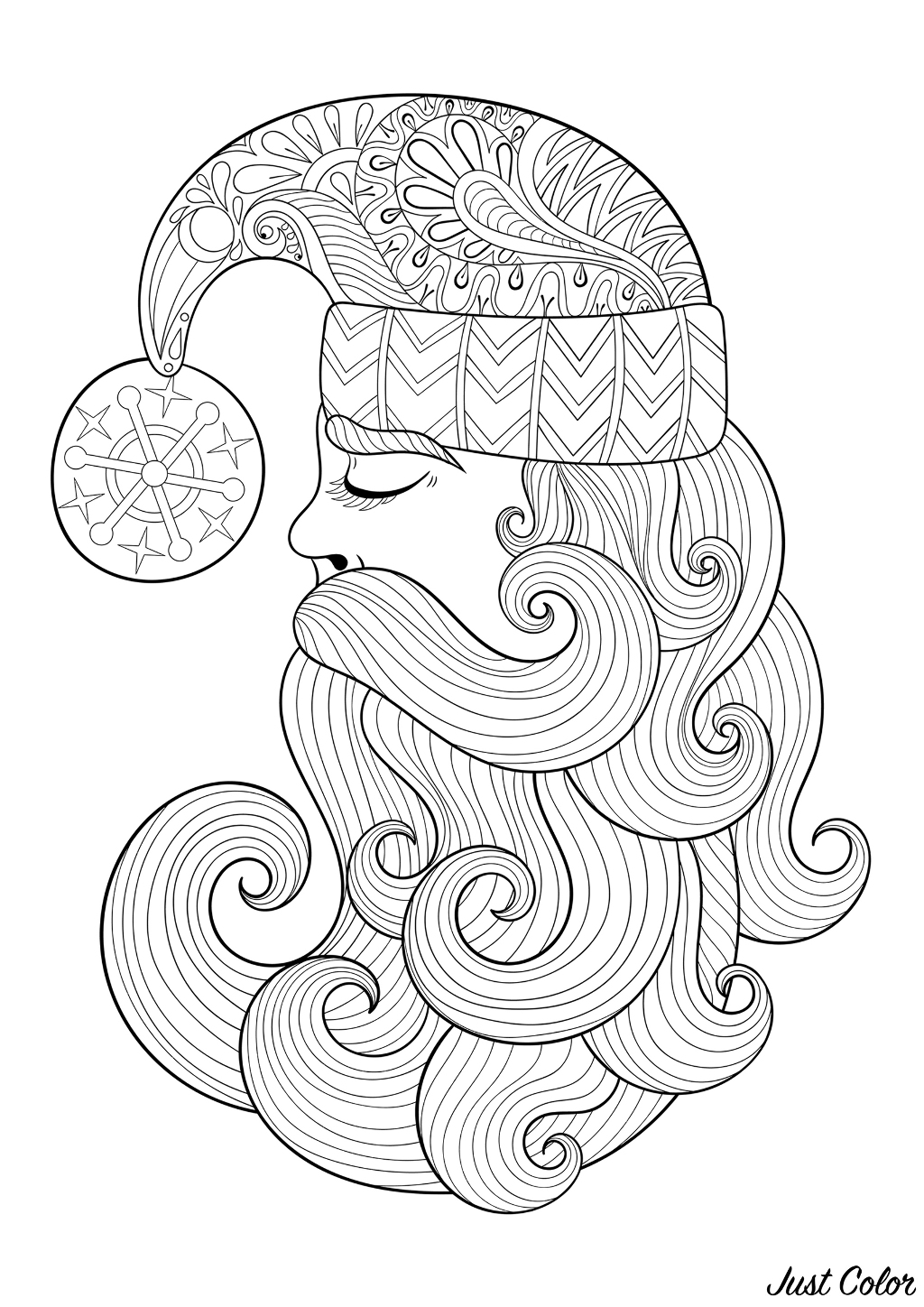 Coloring page of Santa Claus seen in profile, looking like the moon