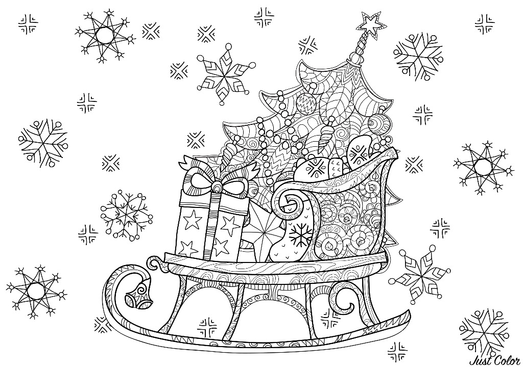 Santa's sleigh filled with gifts, also with a pretty, well-decorated Christmas tree
