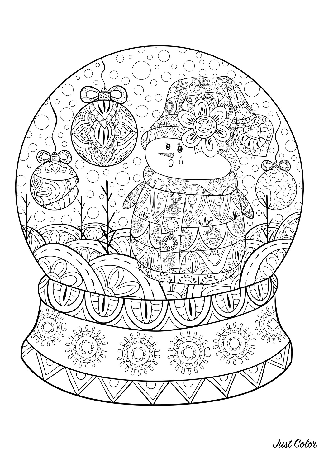 A Christmas snow globe featuring a snowman and Christmas decoration balls