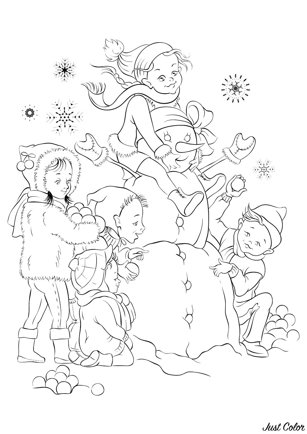 Children and the snowman they made together with fresh snow
