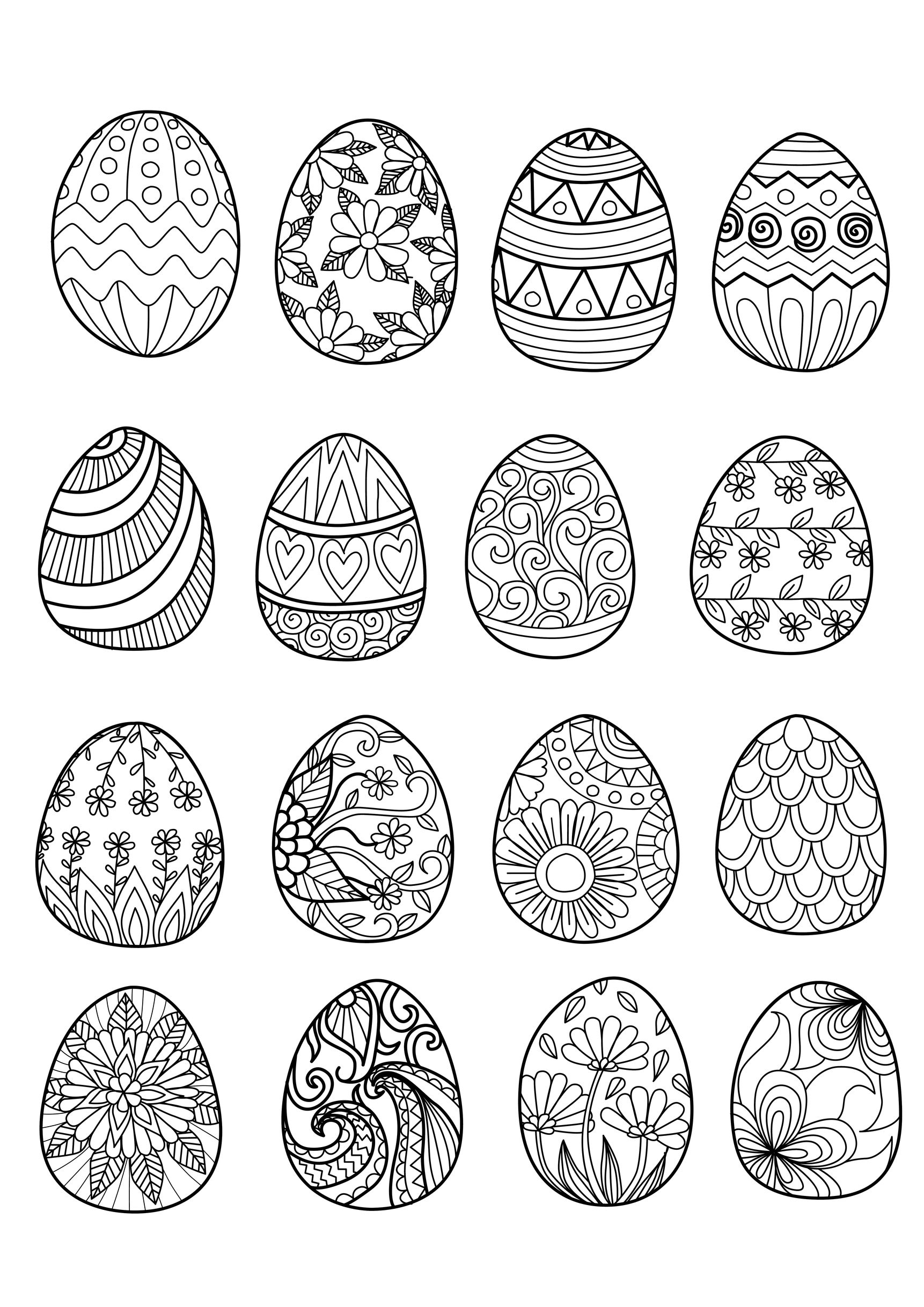 16 Easter eggs to print and color : various styles & ornaments, Artist : Bimdeedee   Source : 123rf