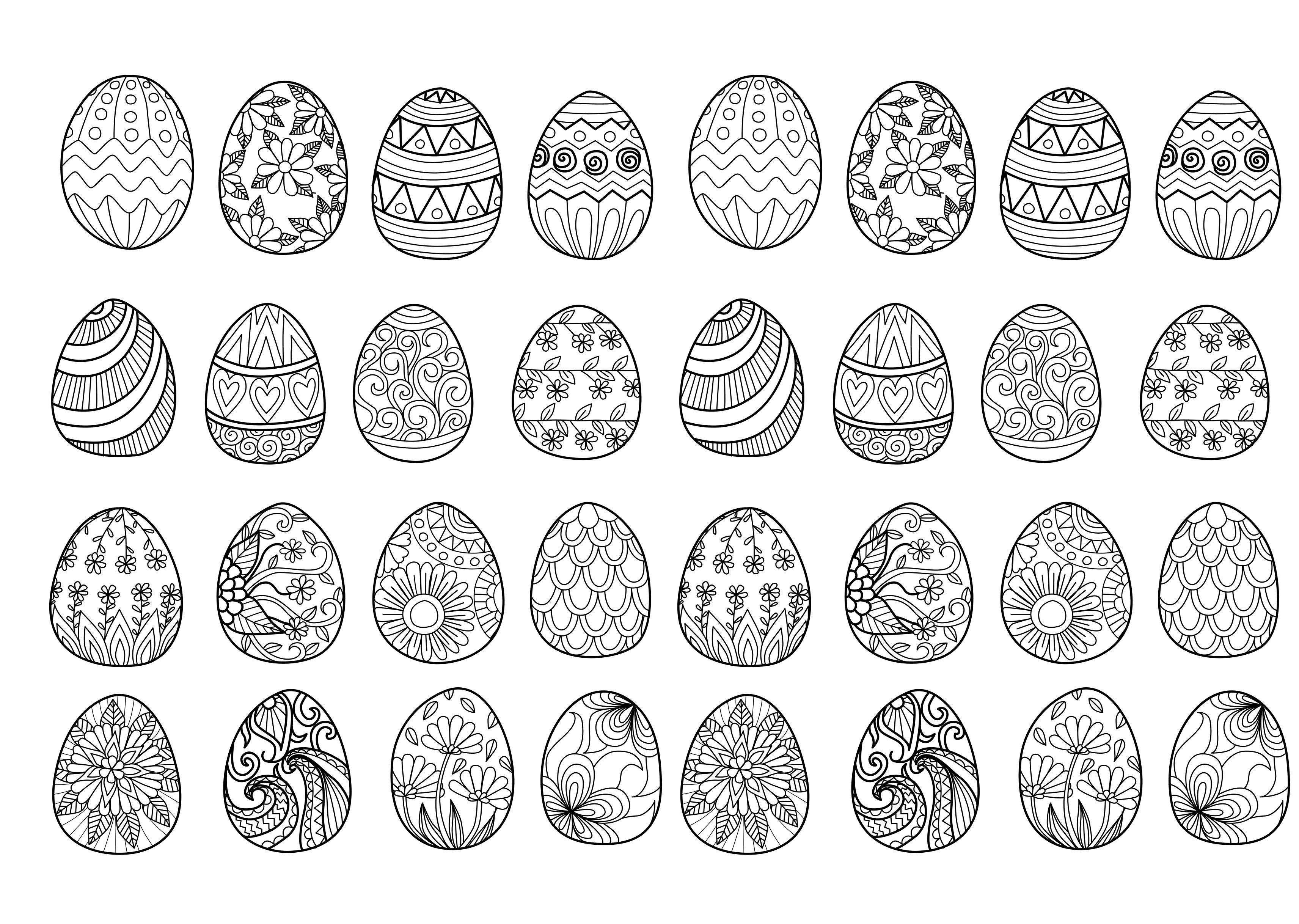 32 Easter eggs to print and color : various styles & patterns, Artist : Bimdeedee   Source : 123rf