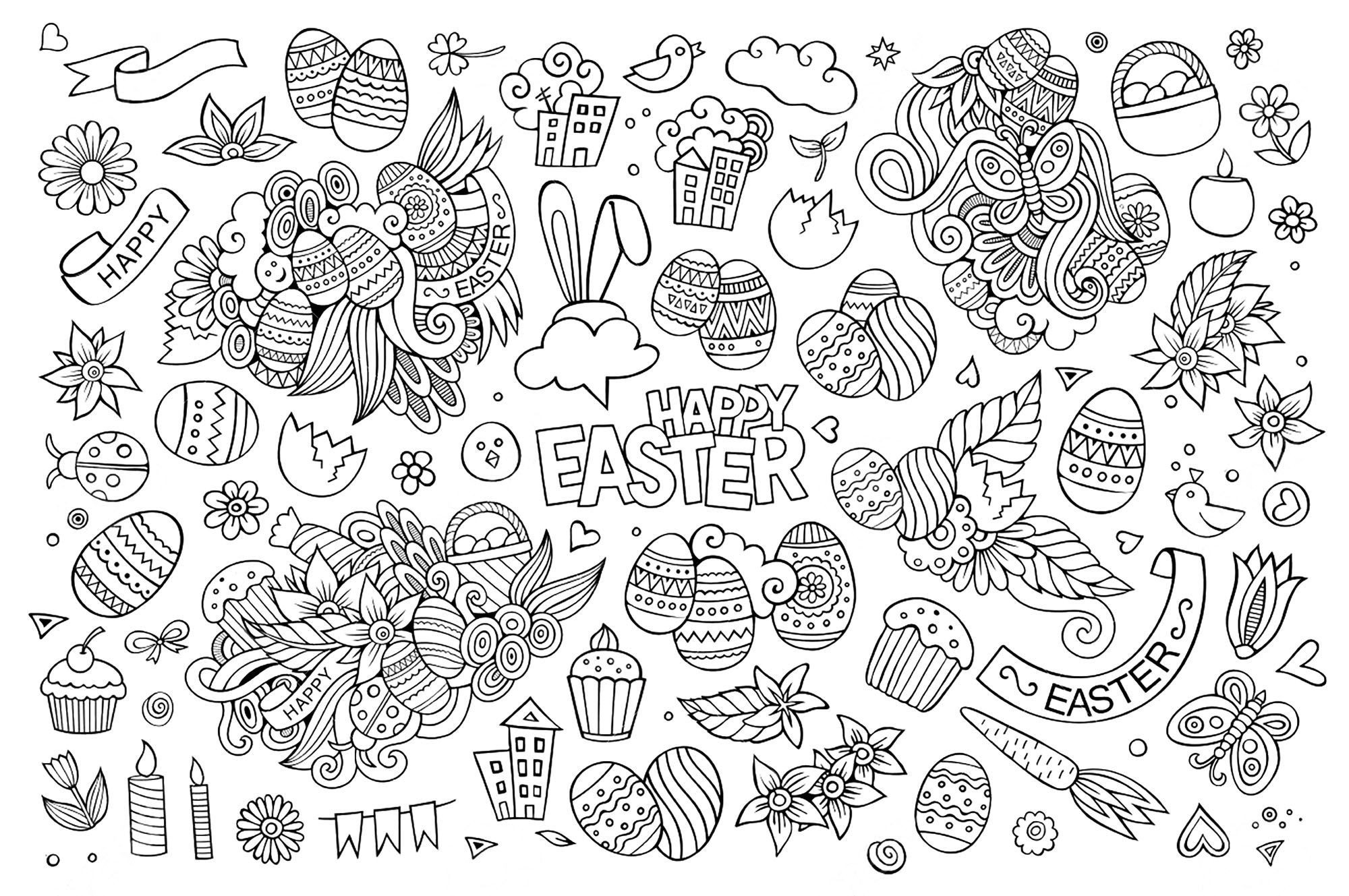 Easter hand drawn funny symbols and objects : eggs, cakes, flowers .., Artist : Olga Kostenko   Source : 123rf