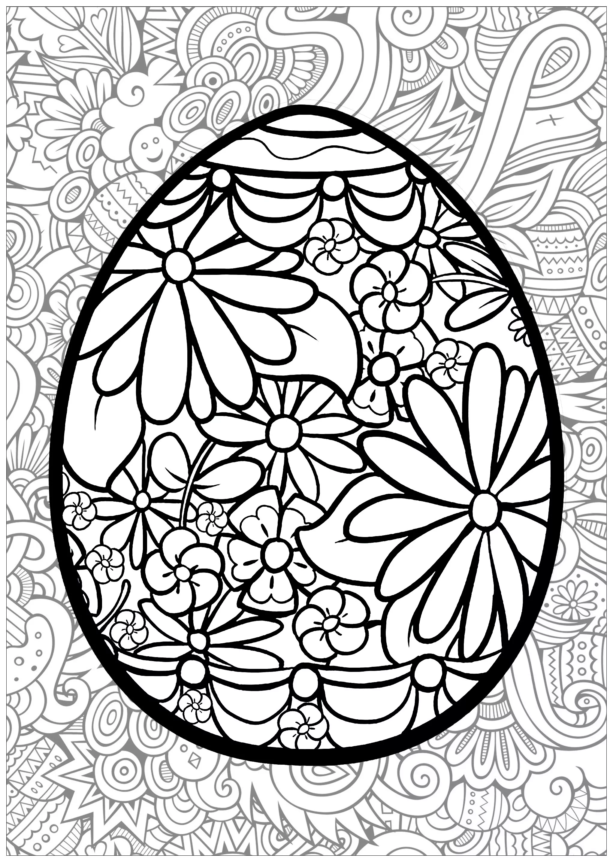 Easter egg with flowers with background (Printable Coloring Page for adults)