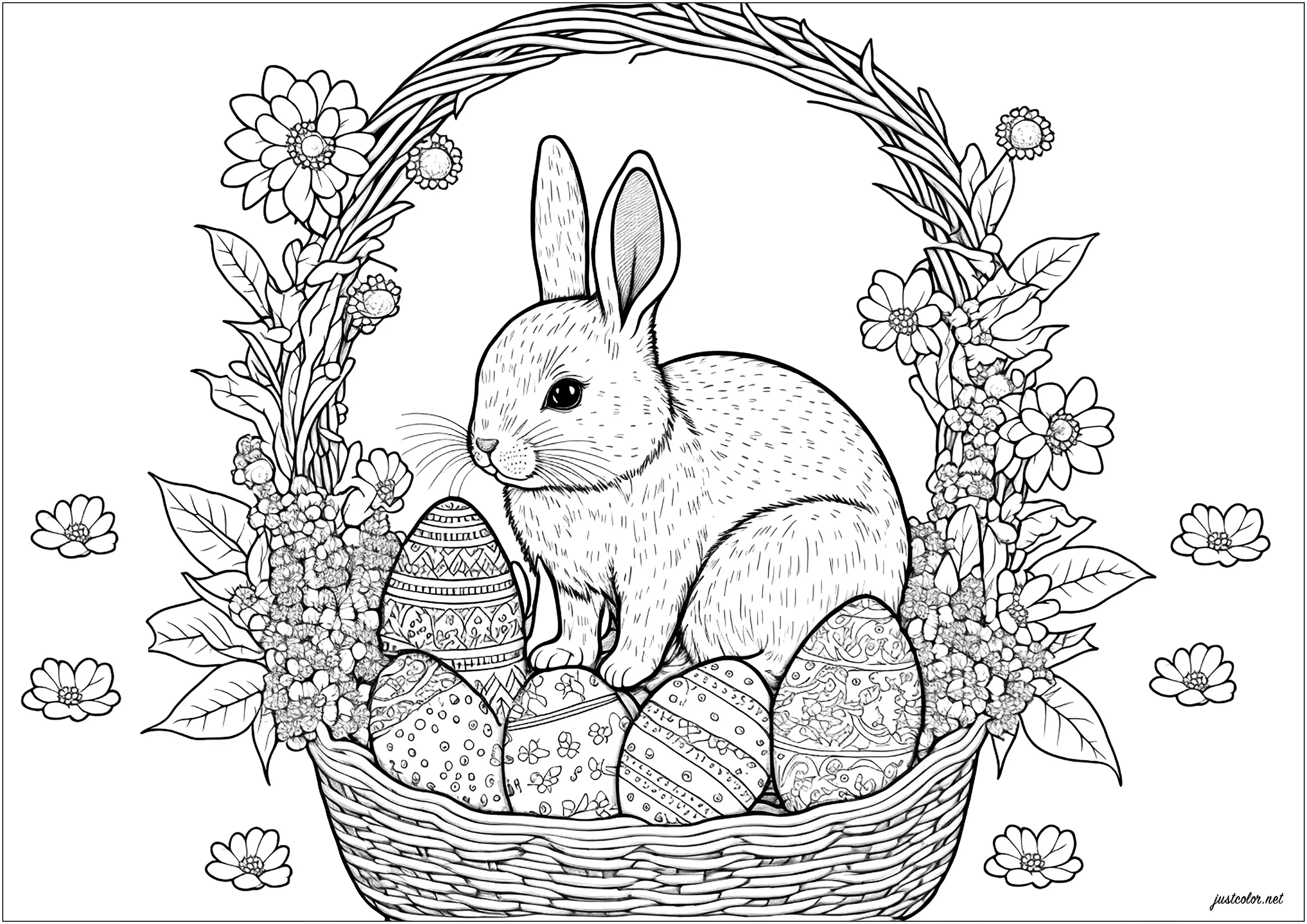 Rabbit in basket with easter eggs (Printable Coloring Page for adults)