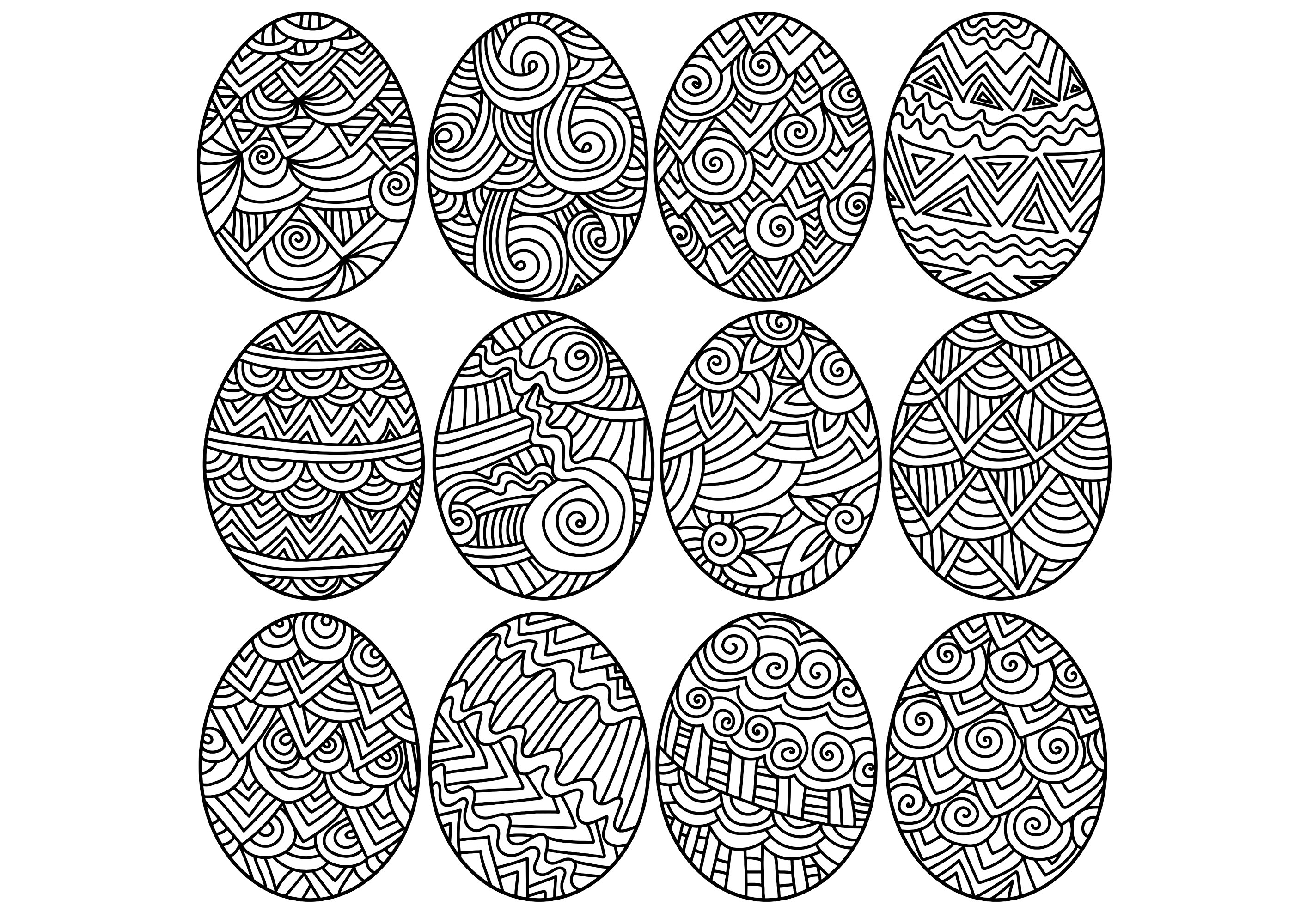 Twelve Easter eggs to color. Color these eggs, they're all different, Source : 123rf   Artist : sunnycoloring