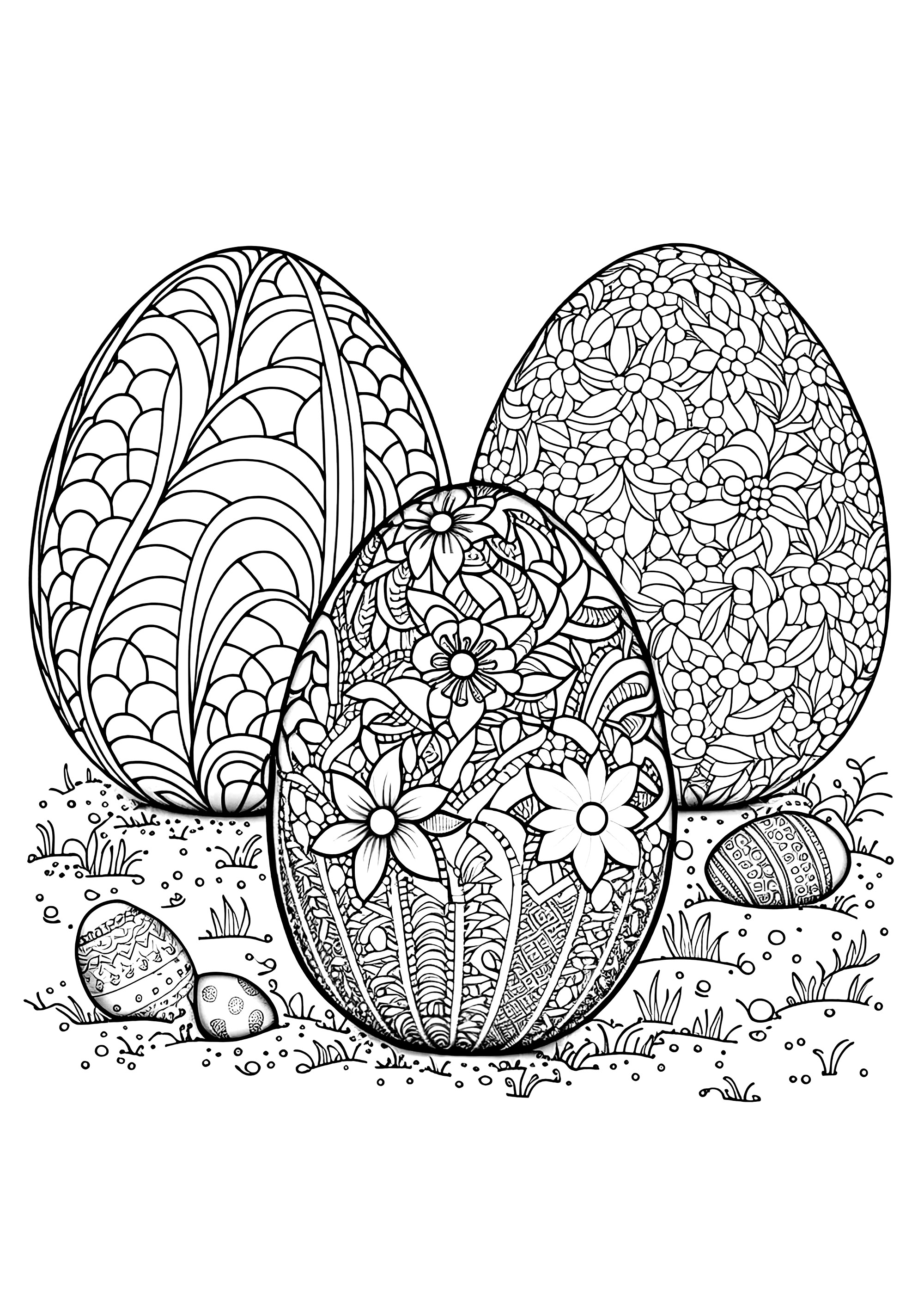 Three beautifully decorated Easter eggs to color