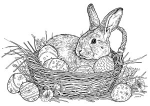 Easter bunny and eggs in a wicker basket