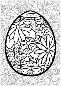 Easter egg with flowers, and thematic background (Coloring Page)