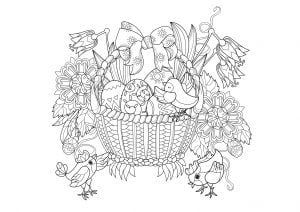 Basket With Easter Eggs And Little Birds