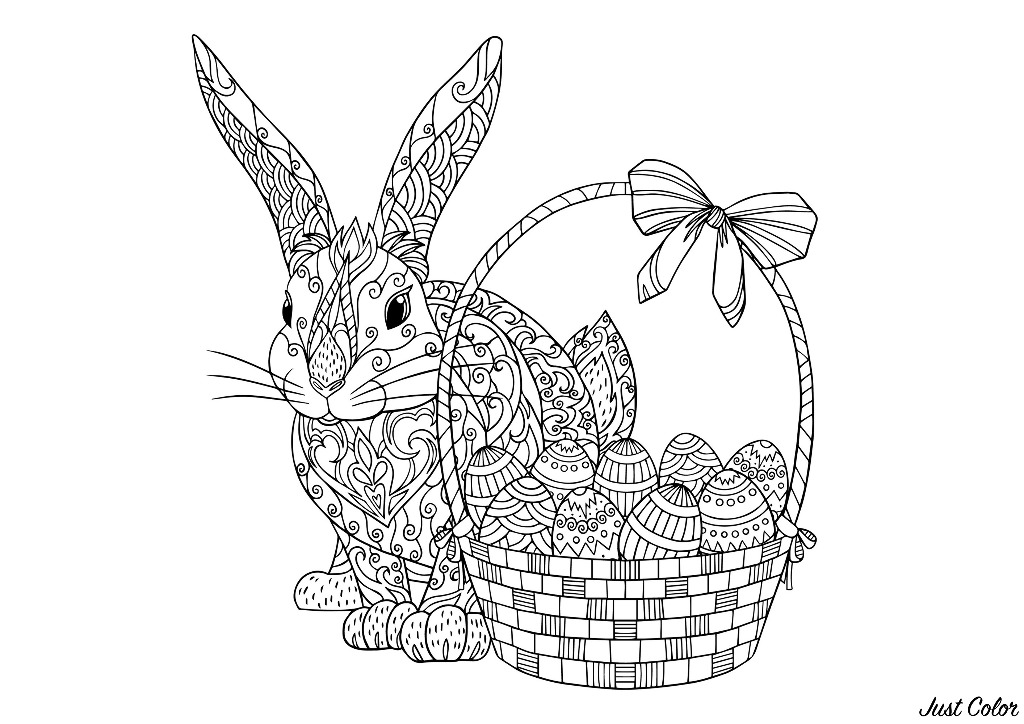 Easter bunny with basket with pretty eggs with simple and diverse patterns