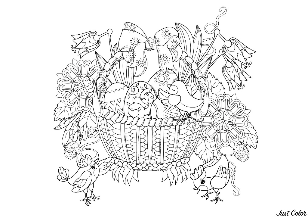 Cute coloring page (but cpmplex) of a wicker basket with easter eggs and little birds