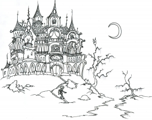 coloring-adult-halloween-castle-and-skeleton