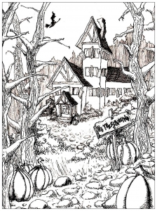 coloring-adult-haunted-house-and-pumpkins