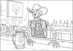 Cowboy skeleton in the saloon