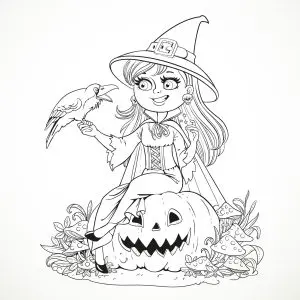 Halloween smiling witch and crow by azuzl