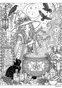 Witch stirring a strange mixture in a magic cauldron. A witch with a large hat stirs a mysterious brew in a cauldron, surrounded by books and potions. A black cat sits beside her, and ravens fly around.