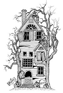 Coloring adult halloween big haunted house
