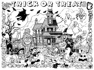 Coloring adult halloween haunted house trick or treat
