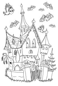 Coloring adult halloween haunted little castle