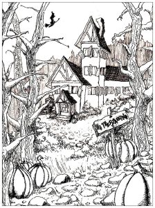 Coloring adult haunted house and pumpkins