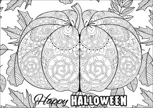 Large Halloween pumpkin with motifs and leaves