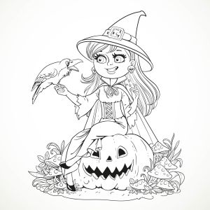 Coloring halloween smiling witch and crow by azuzl