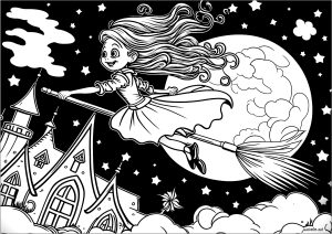 Printable Halloween Coloring Page for adults : Pretty witch on a broom