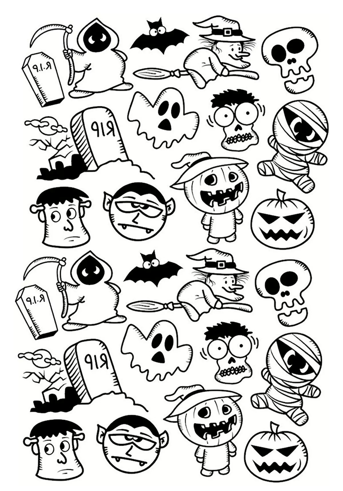 Halloween characters (Printable Coloring Page for adults)