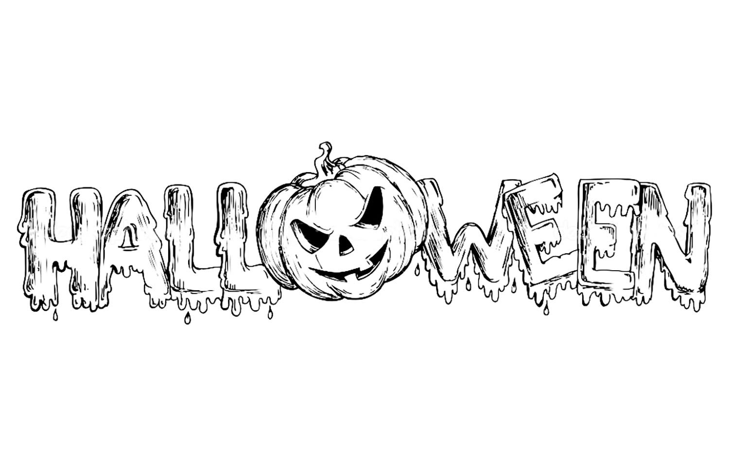 Halloween text to print & color with a pumpkin replacing the 'O'