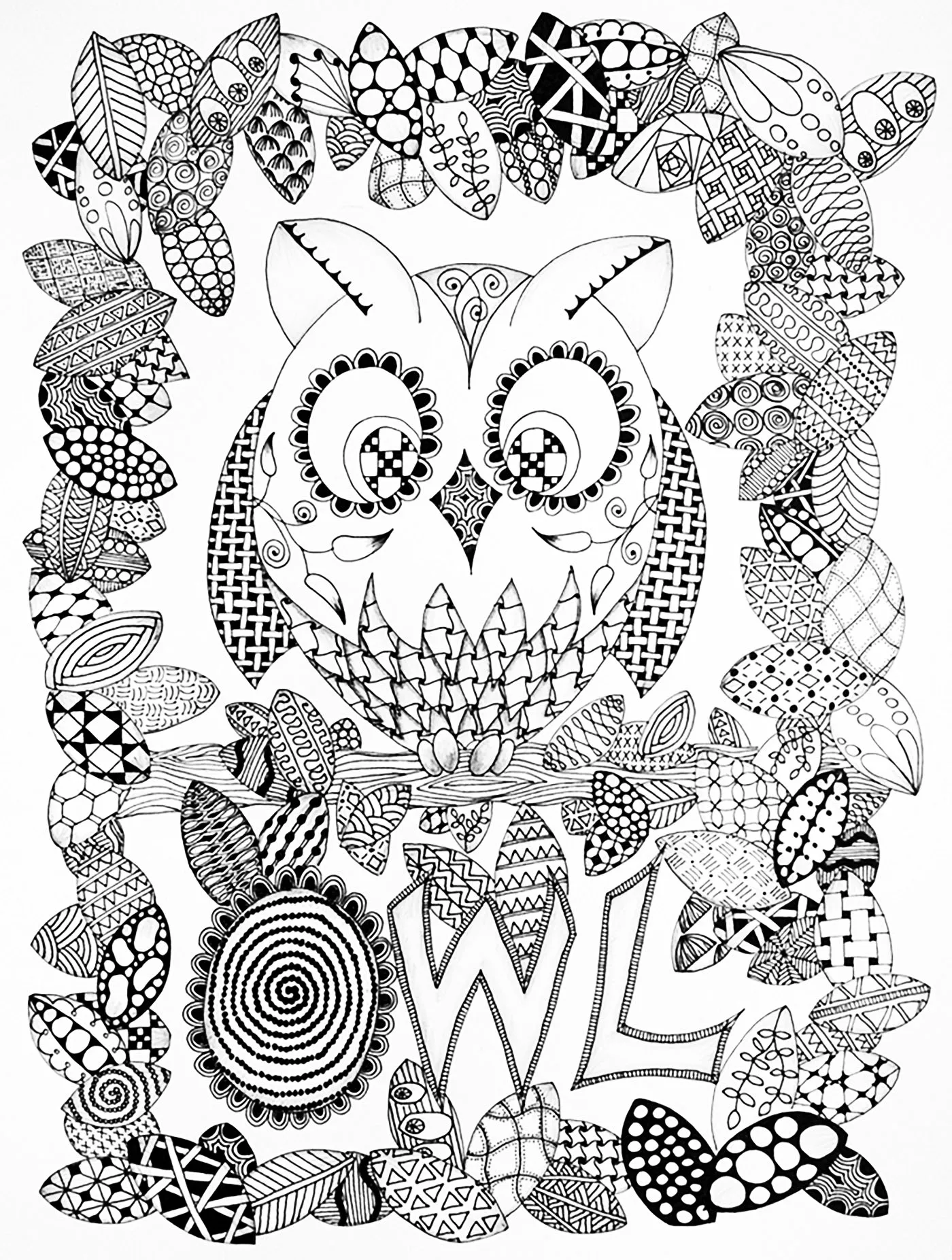 Halloween zentangle owl (Printable Coloring Page for adults)