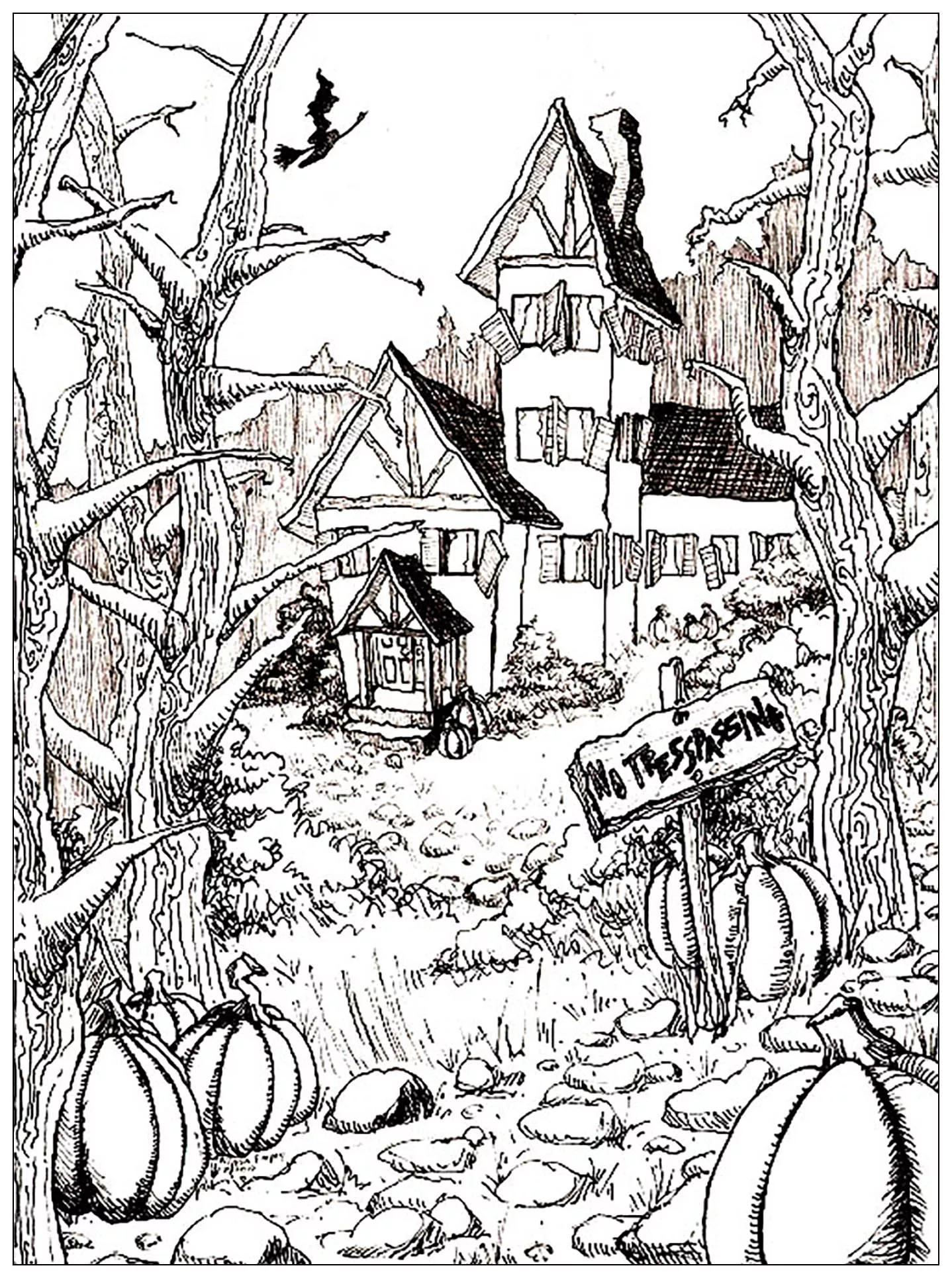 Haunted house and pumpkins (Printable Halloween Coloring Page for adults)