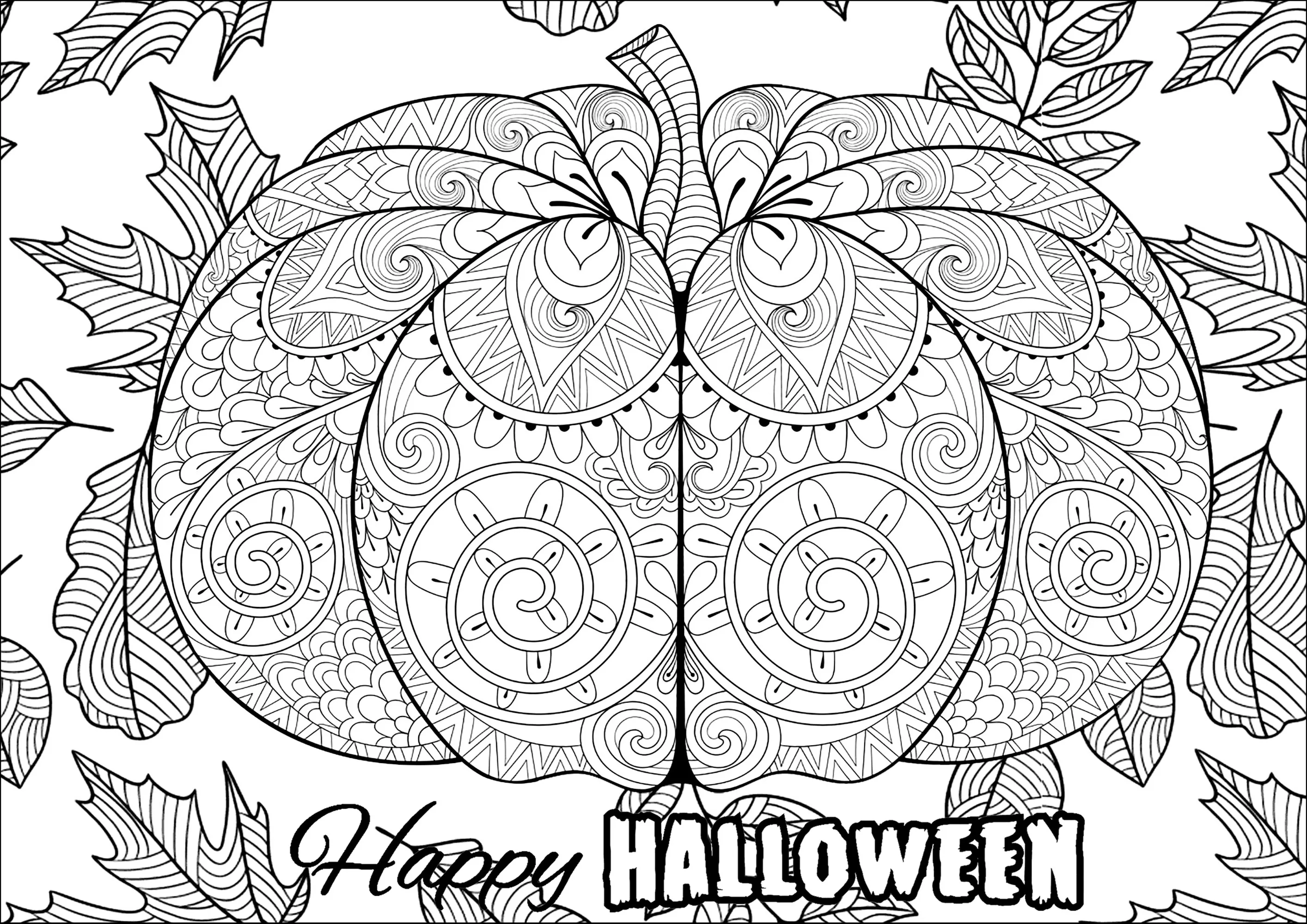 Large Halloween pumpkin with motifs and leaves (Printable Coloring Page for adults)