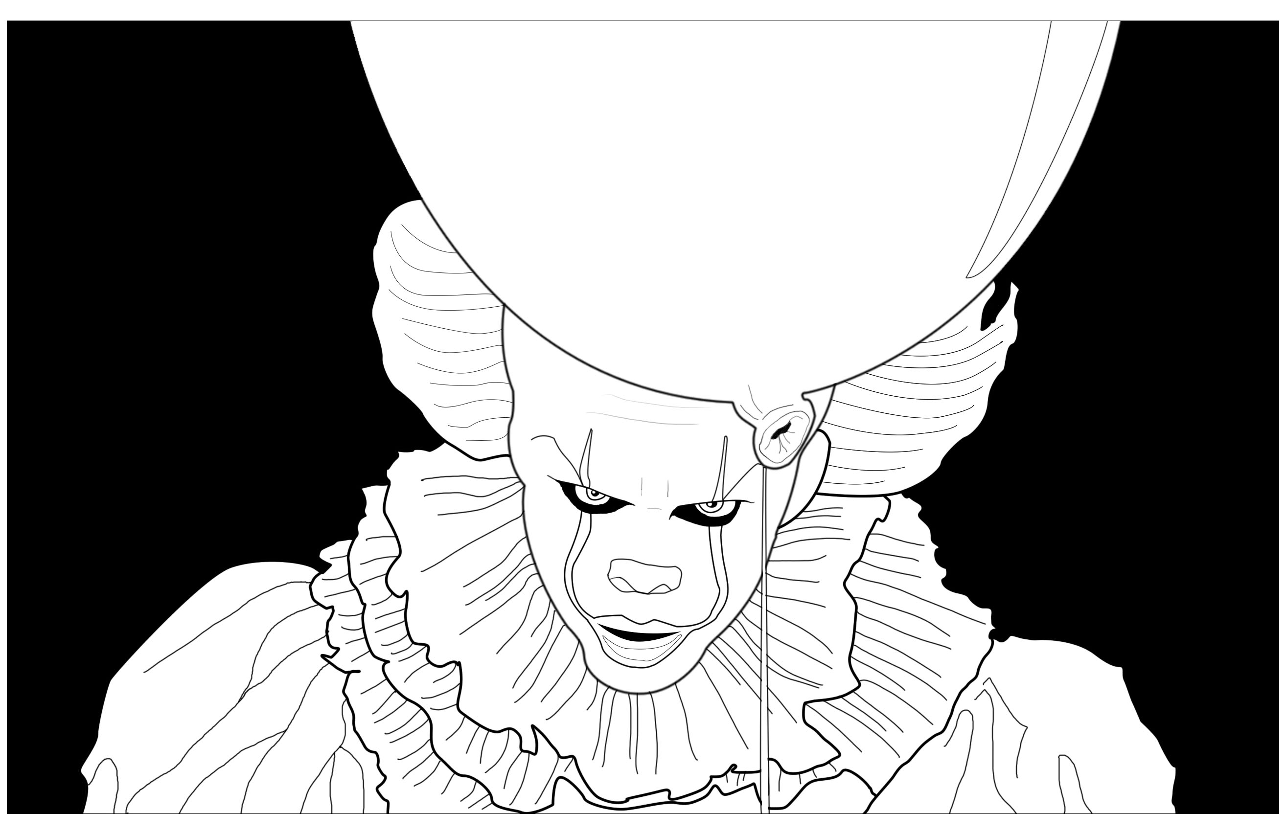 Coloring page : Ca clown pennywise black background.