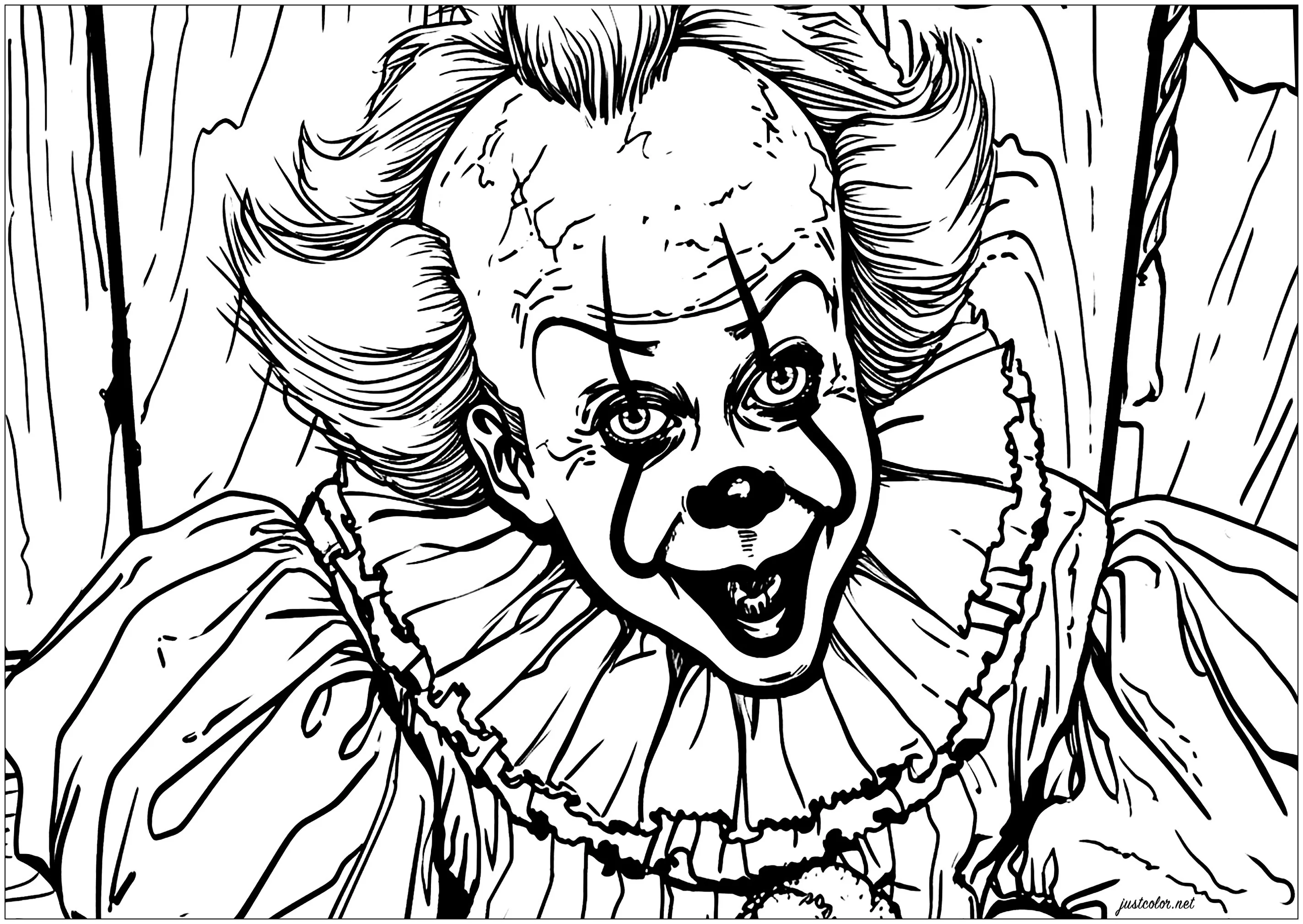 Pennywise the Dancing Clown, from Stephen King's IT movie (Printable Halloween Coloring Page for adults)