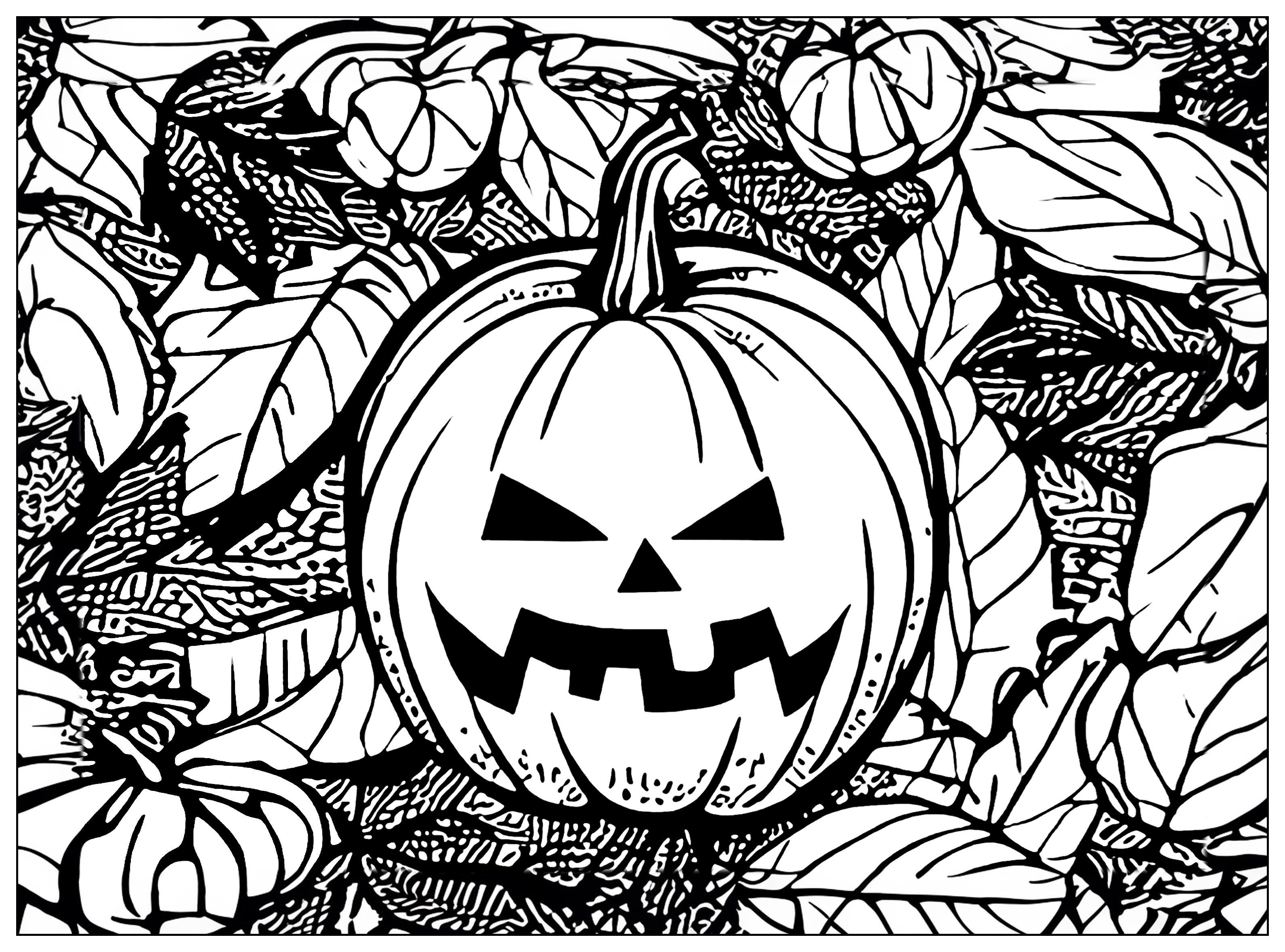 Halloween Coloring Page : Jack o' lantern pumpkin on leaf-filled background Printable Halloween Coloring Page for adults : Jack o' lantern pumpkin on leaf-filled background