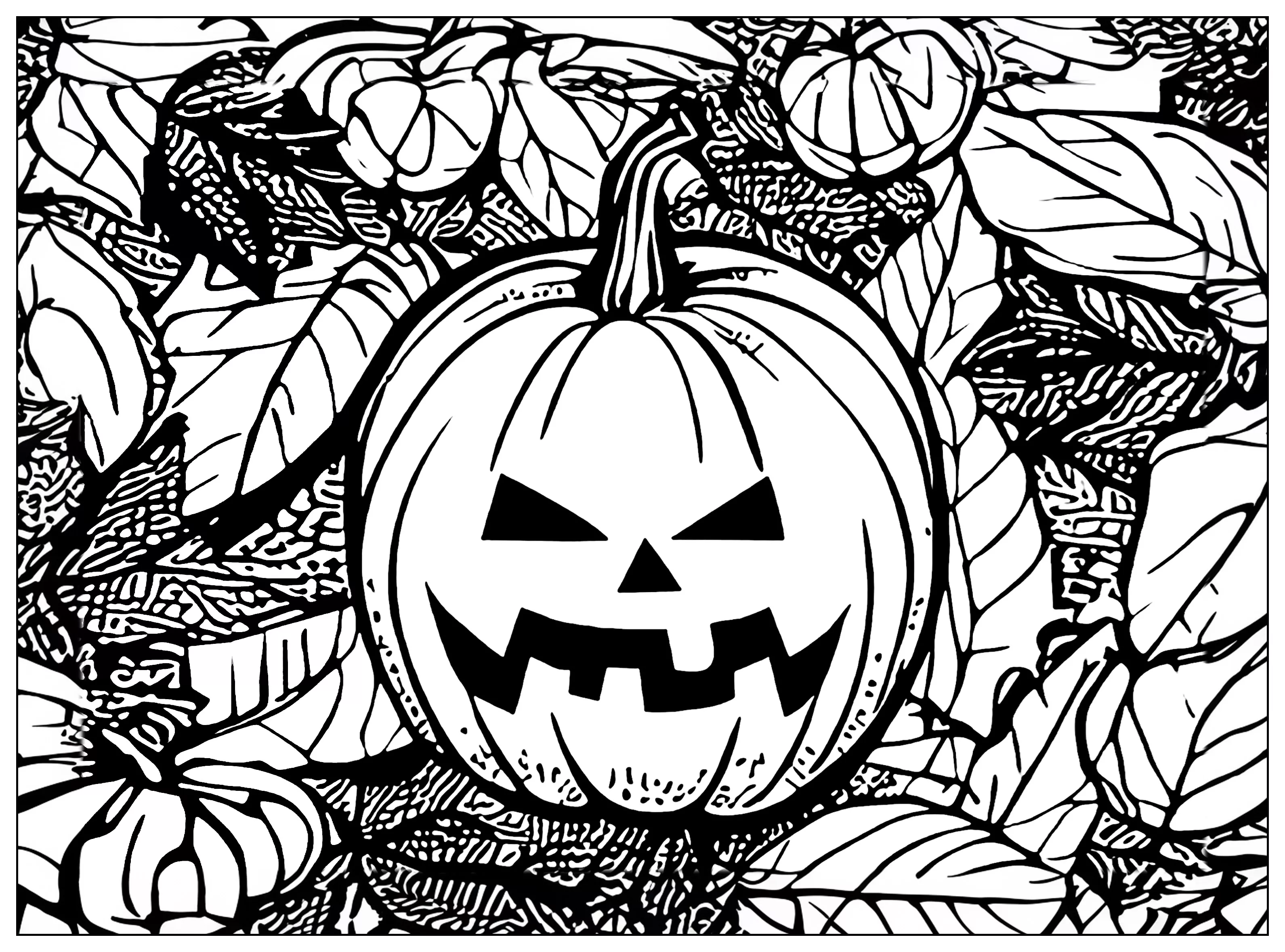 Jack o' lantern pumpkin on leaf-filled background (Printable Halloween Coloring Page for adults)
