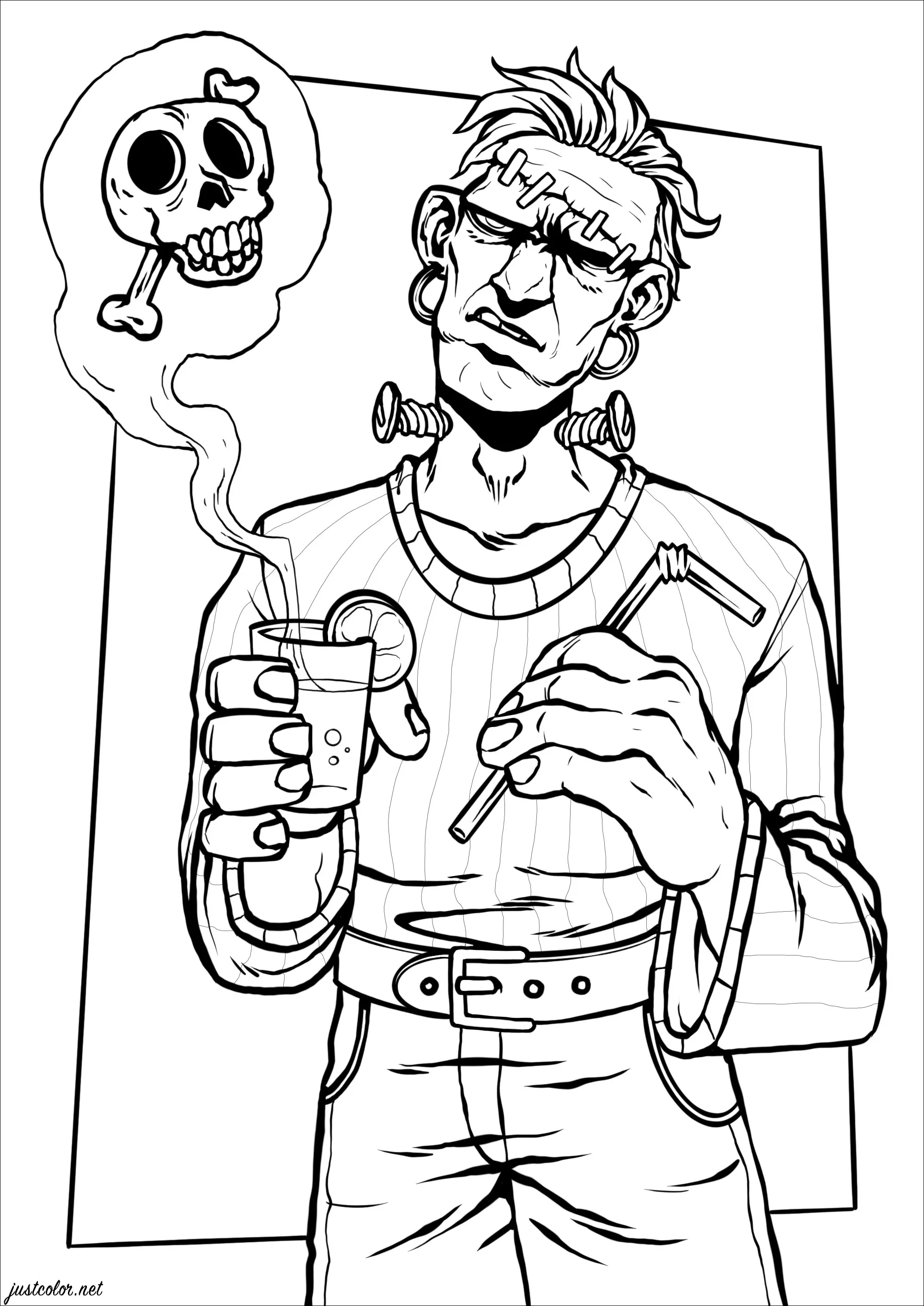 Frankenstein drinks a strange potion (Printable Halloween Coloring Page for adults)
