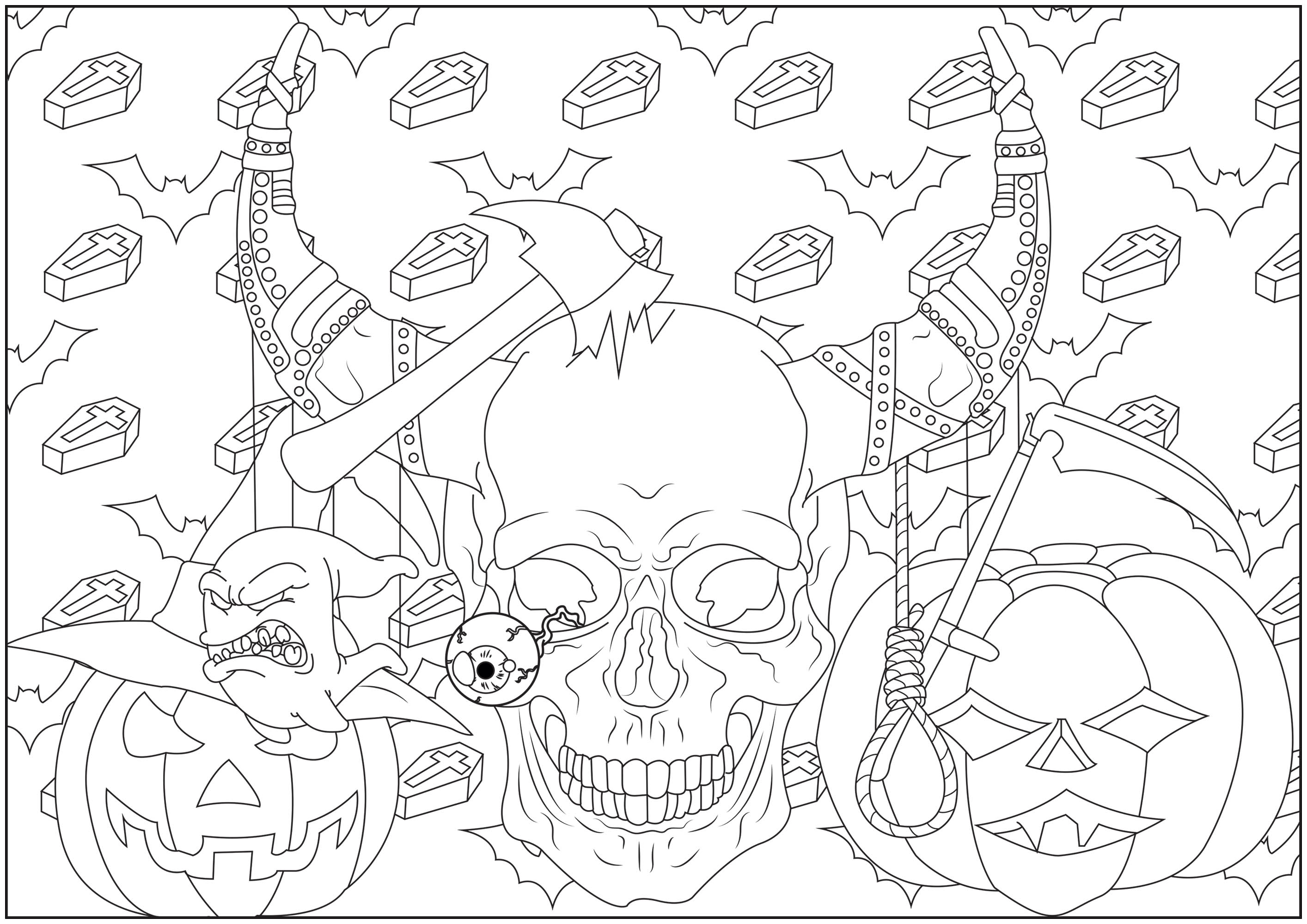 Color this scary skull, surrounded by pumpkins, with in background : coffins and bats