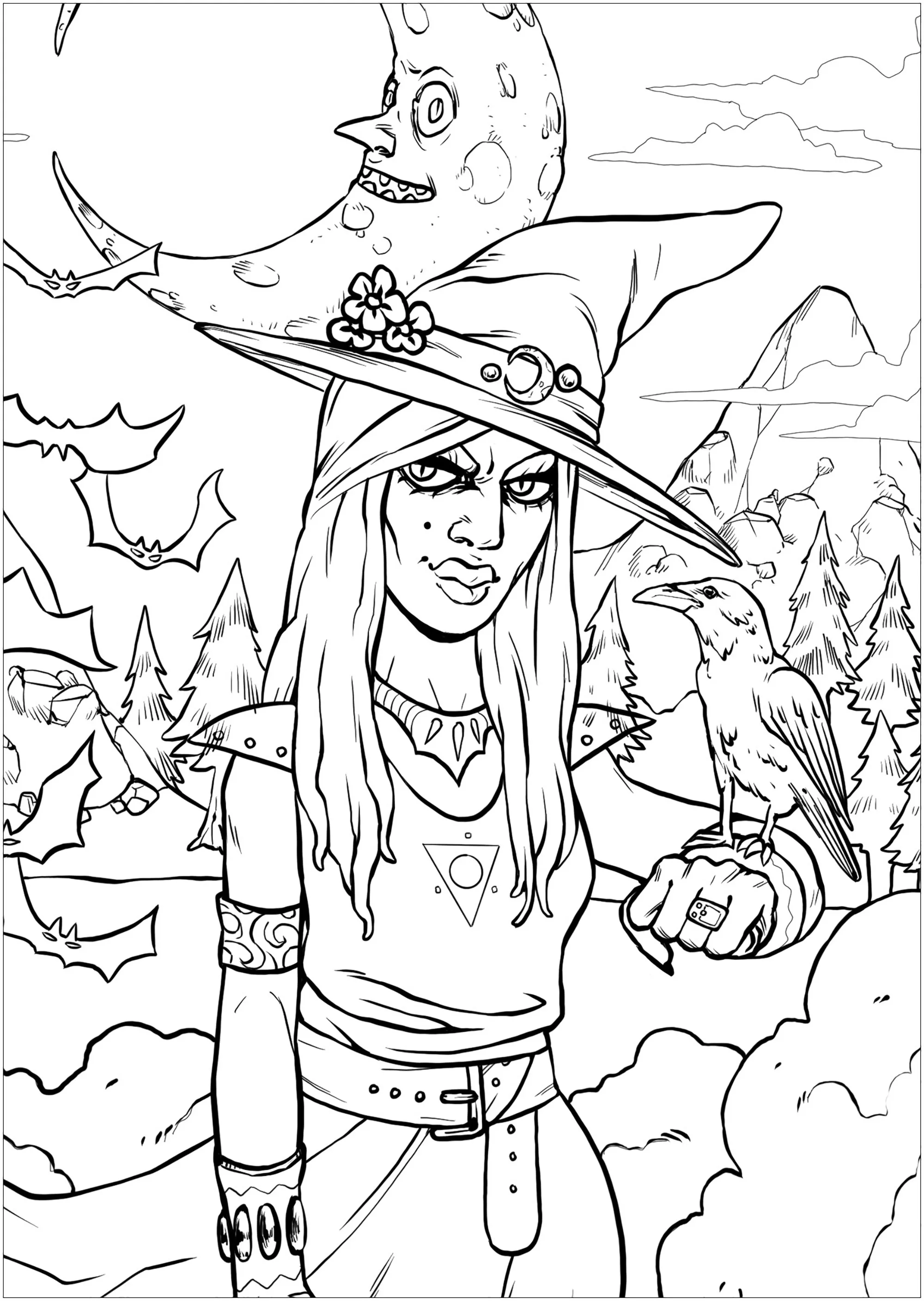 Halloween witch and her raven - narrow frame version (Printable Coloring Page for adults)