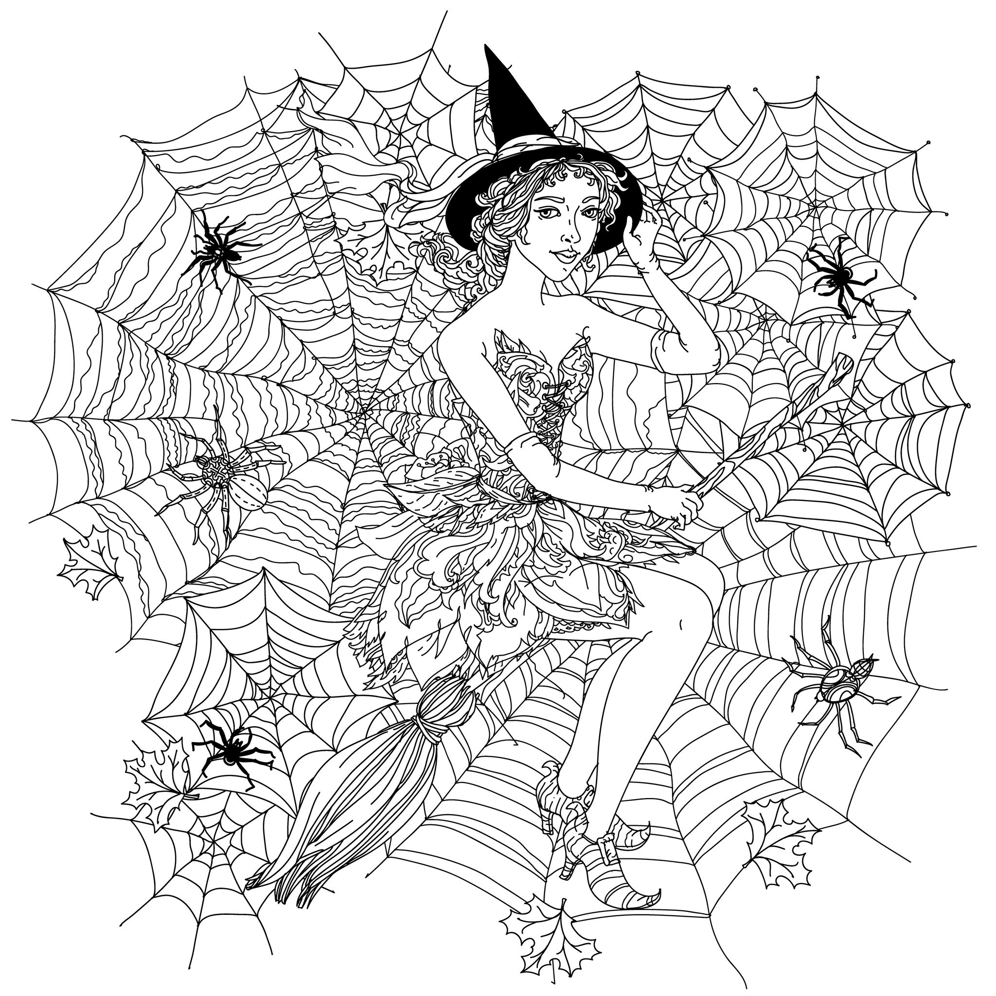 Beautiful woman looking like a witch with cobwebs, spiders and other decorations on halloween, Artist : Ipanki   Source : 123rf