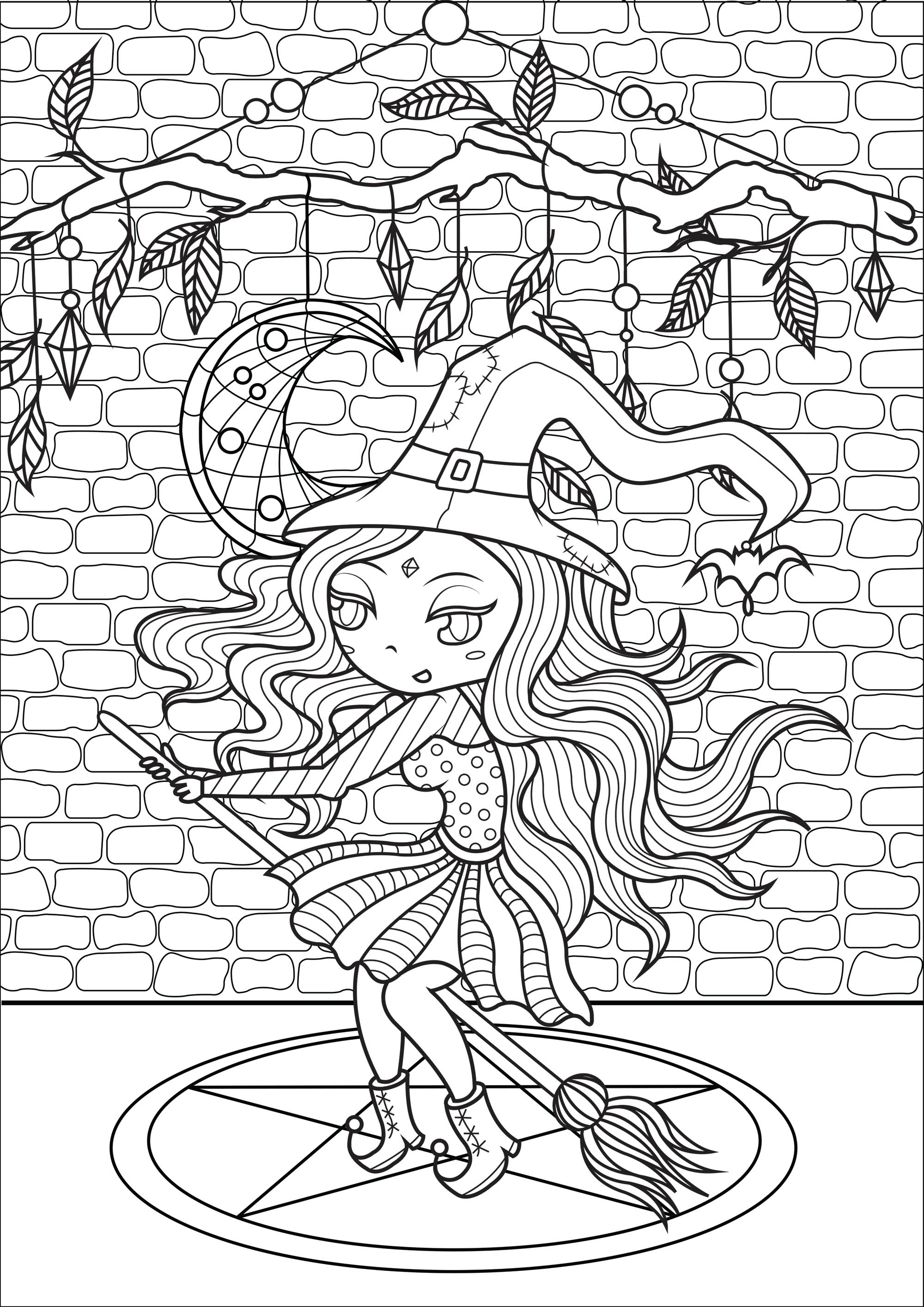 Witch ready for takeoff. This original coloring page represents a witch with her colorful outfit and her pointed hat, ready to take off, Artist : Lucie