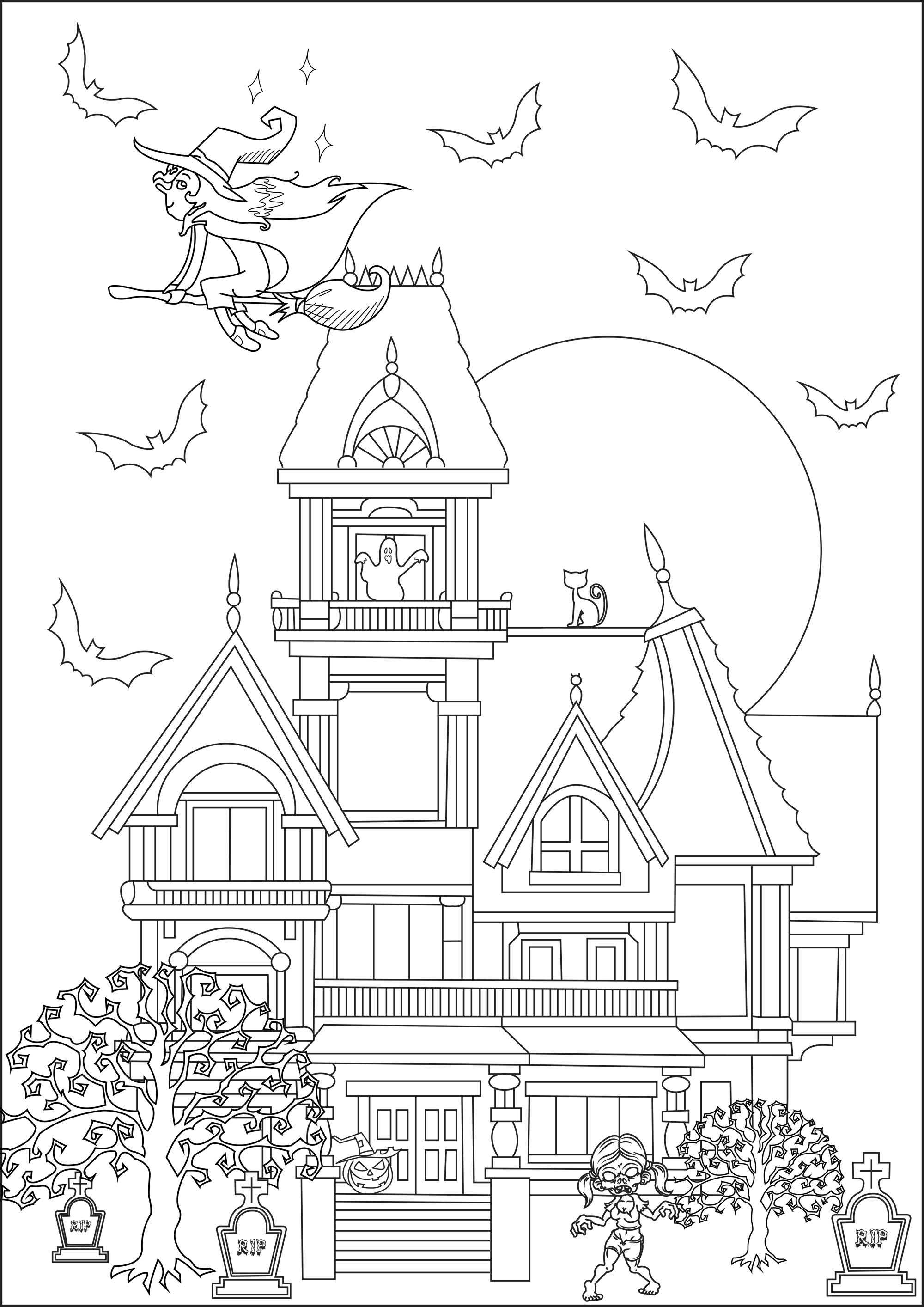 Frightening Haunted mansion, with a witch and a zombie, Artist : Caillou