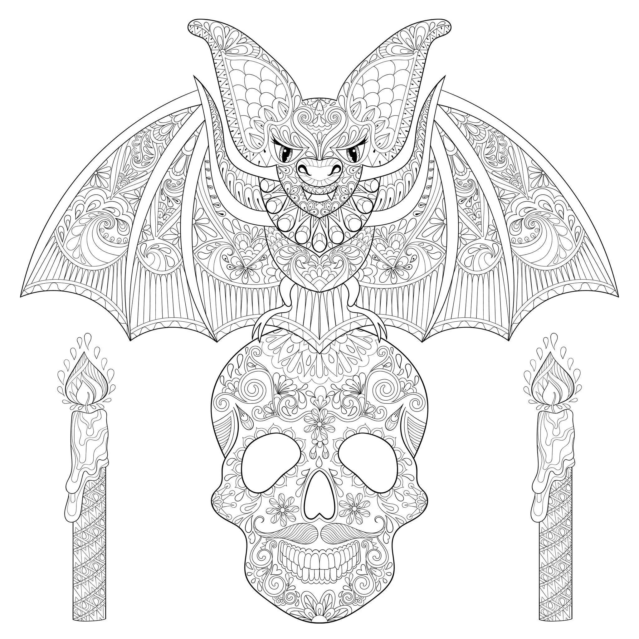 Bat on a skull with candles (Printable Halloween Coloring Page for adults)