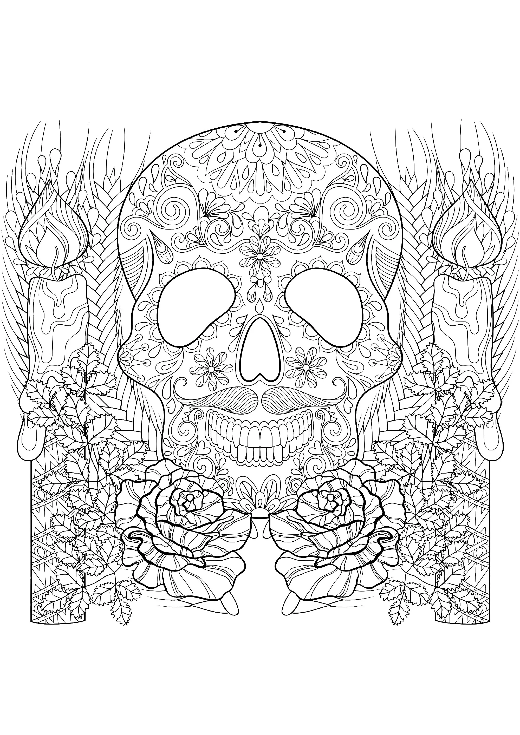 Skull and candles (Printable Halloween Coloring Page for adults)