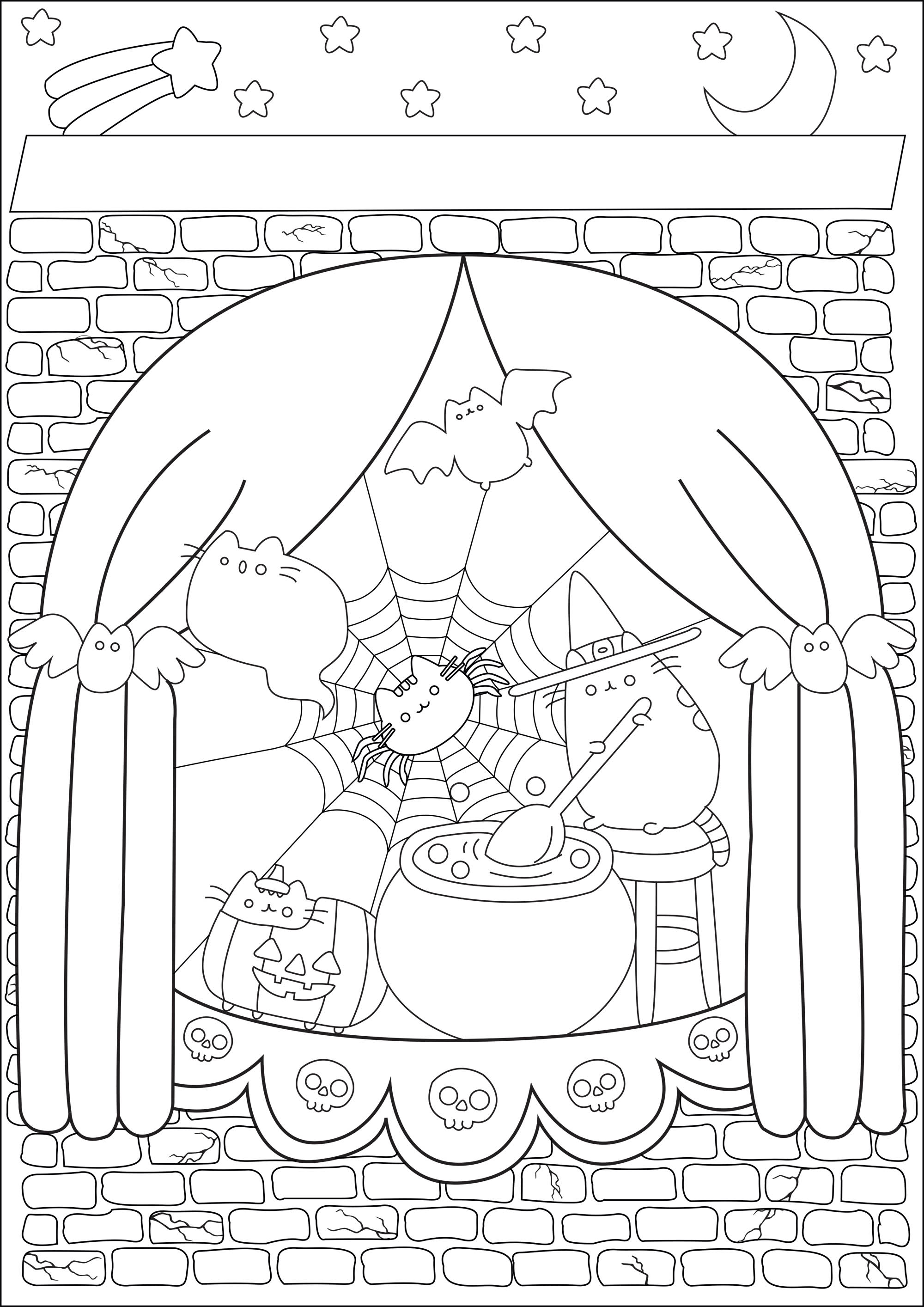 Pretty witch Pusheen in her manor preparing a magic potion for Halloween. Pusheen style applied to a Halloween themed coloring page, or when simplicity meets spookiness.., Artist : Caillou