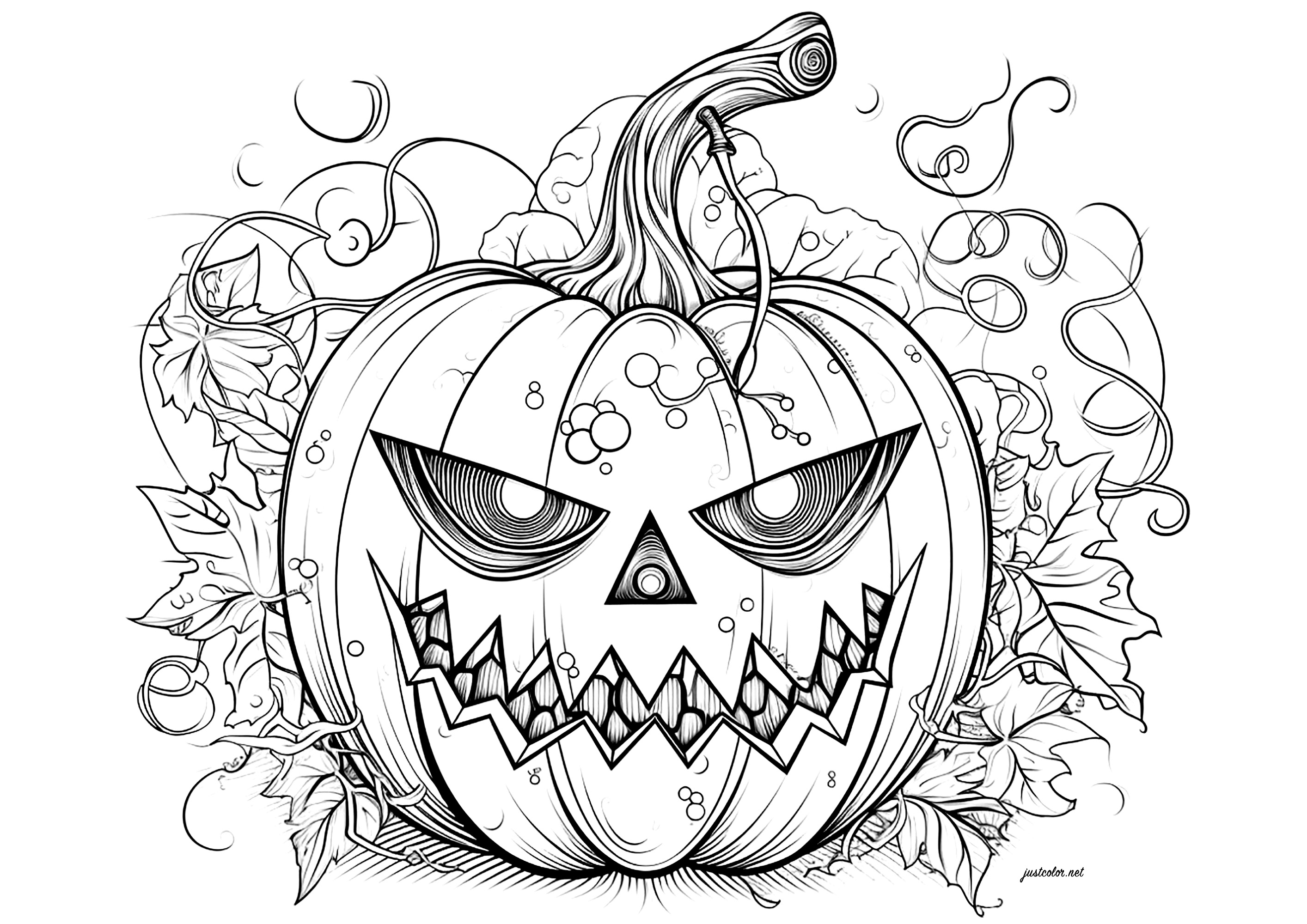 Spooky Halloween pumpkin. This pumpkin really does have a mournful, intriguing look ... also color the leaves and details in the background